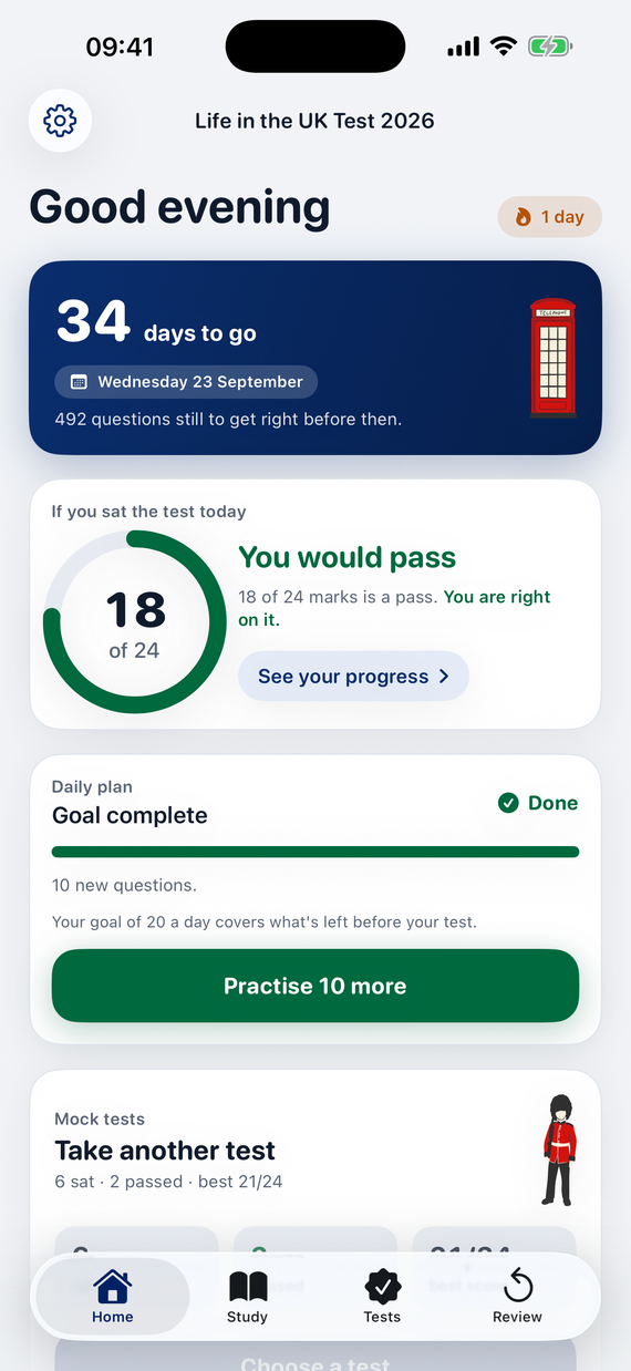 The app's home screen: a countdown of 34 days to the test, a forecast of 18 marks out of 24 against the pass mark, and today's daily plan complete.