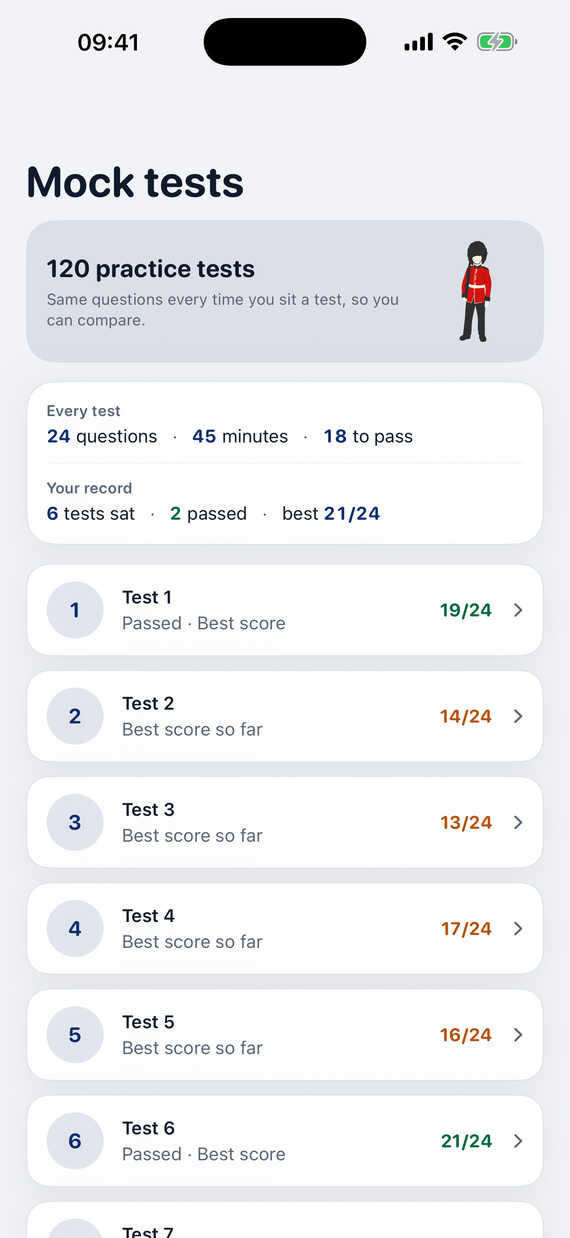 The mock tests list: 120 tests of 24 questions in 45 minutes, with a score against the first two and the rest waiting.